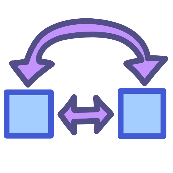 A curved purple double sided arrow points down at 2 blue squares. Between the squares is another blue double sided arrow pointing at them.